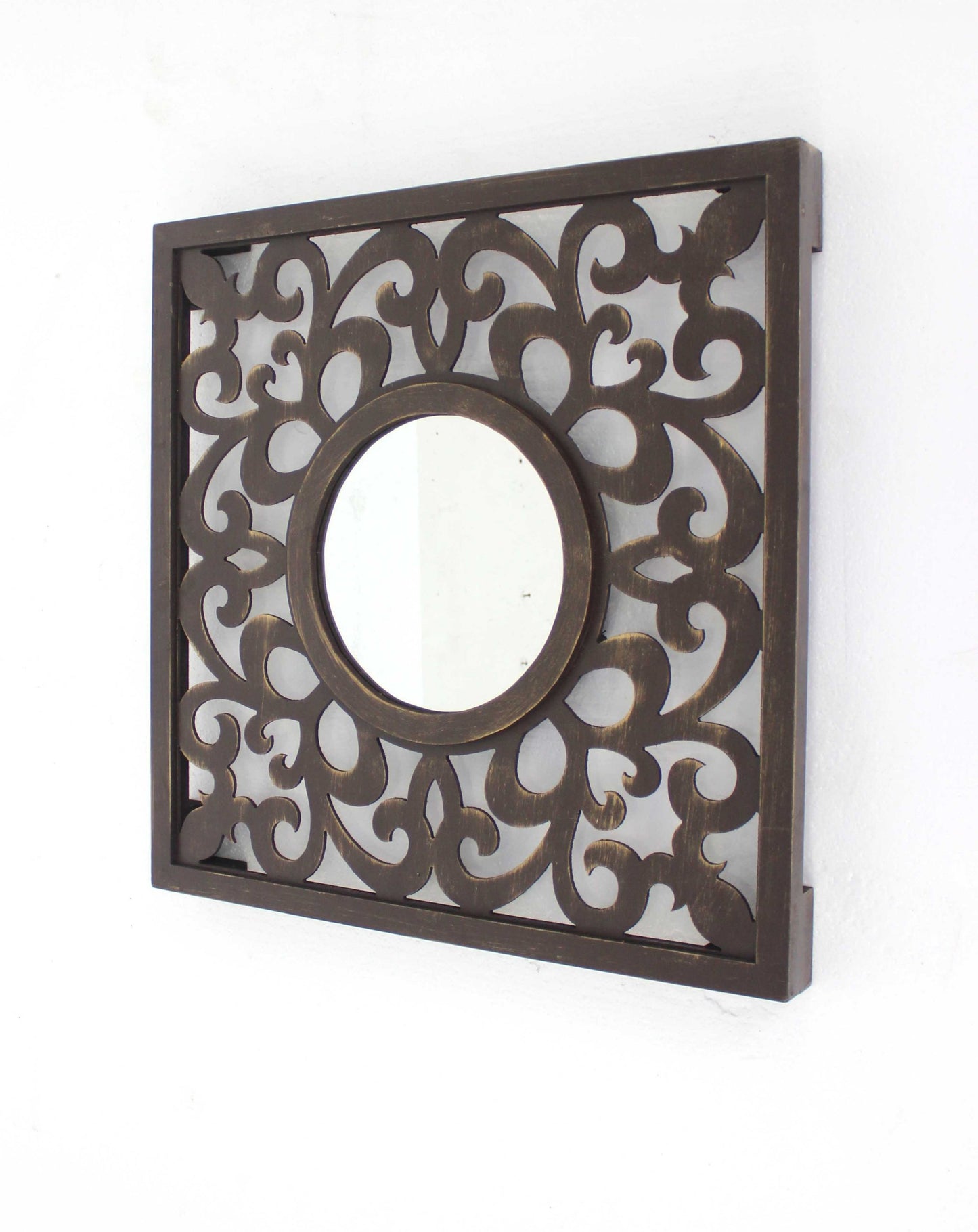 24" Brown Circle In Square Vintage Style Framed Accent Mirror-2