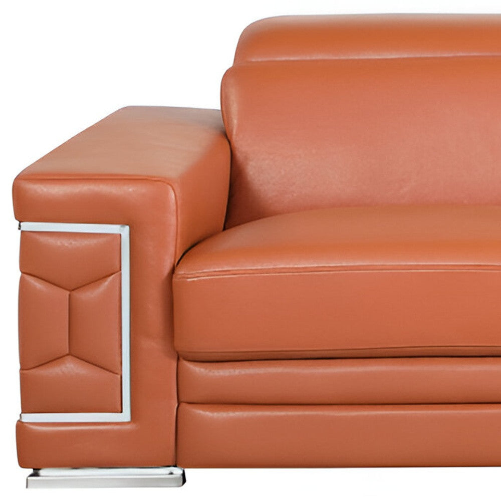 89" Camel Italian Leather Sofa With Silver Legs-6