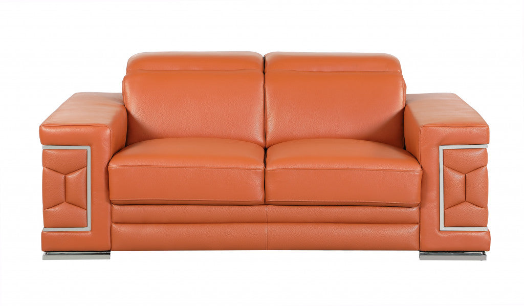 71" Camel And Silver Genuine Leather Love Seat-0