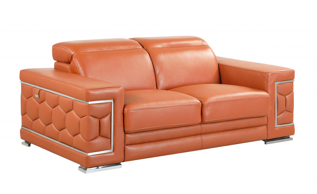 71" Camel And Silver Genuine Leather Love Seat-2
