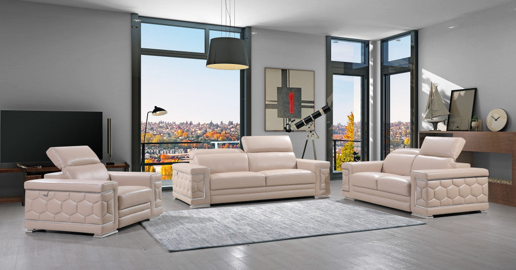 89" Beige Italian Leather Sofa With Silver Legs-6