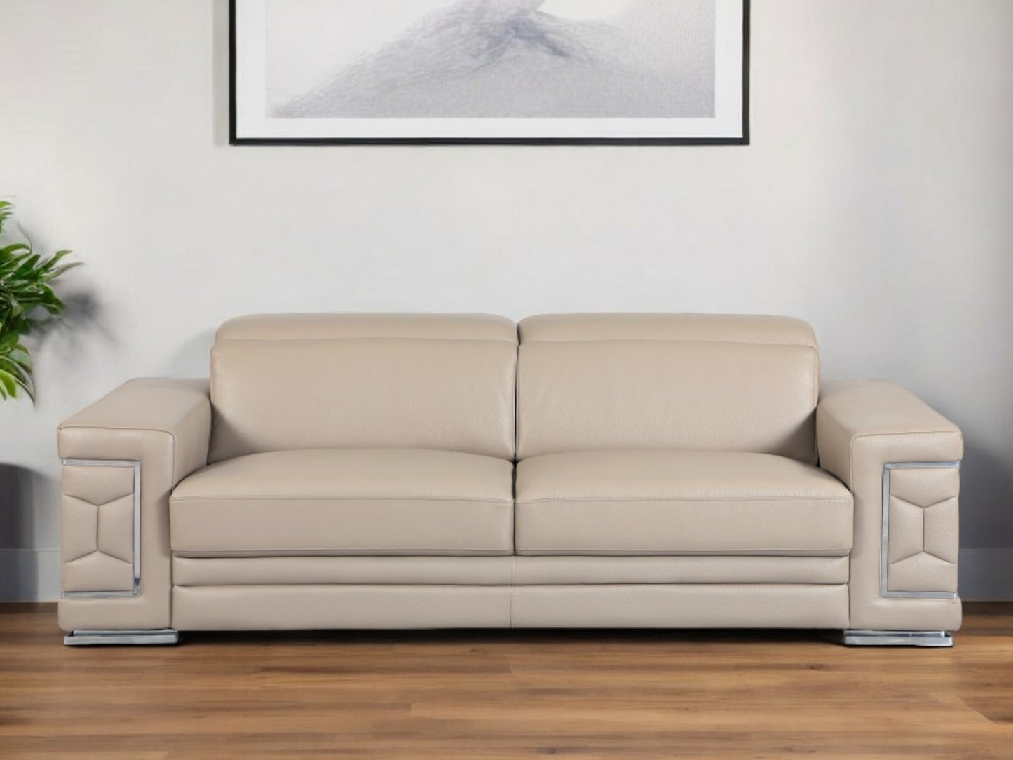 89" Beige Italian Leather Sofa With Silver Legs-0