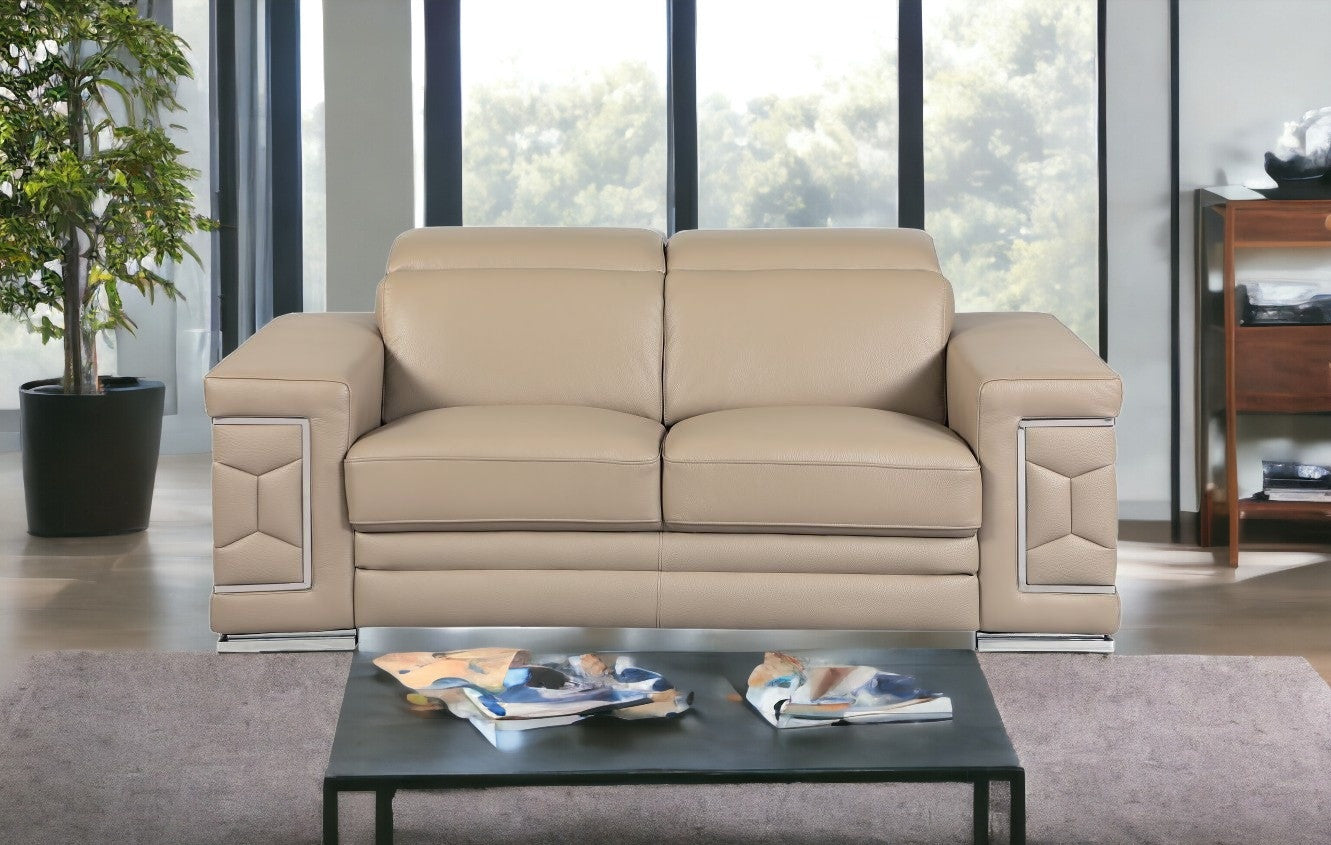71" Beige And Silver Genuine Leather Love Seat-1