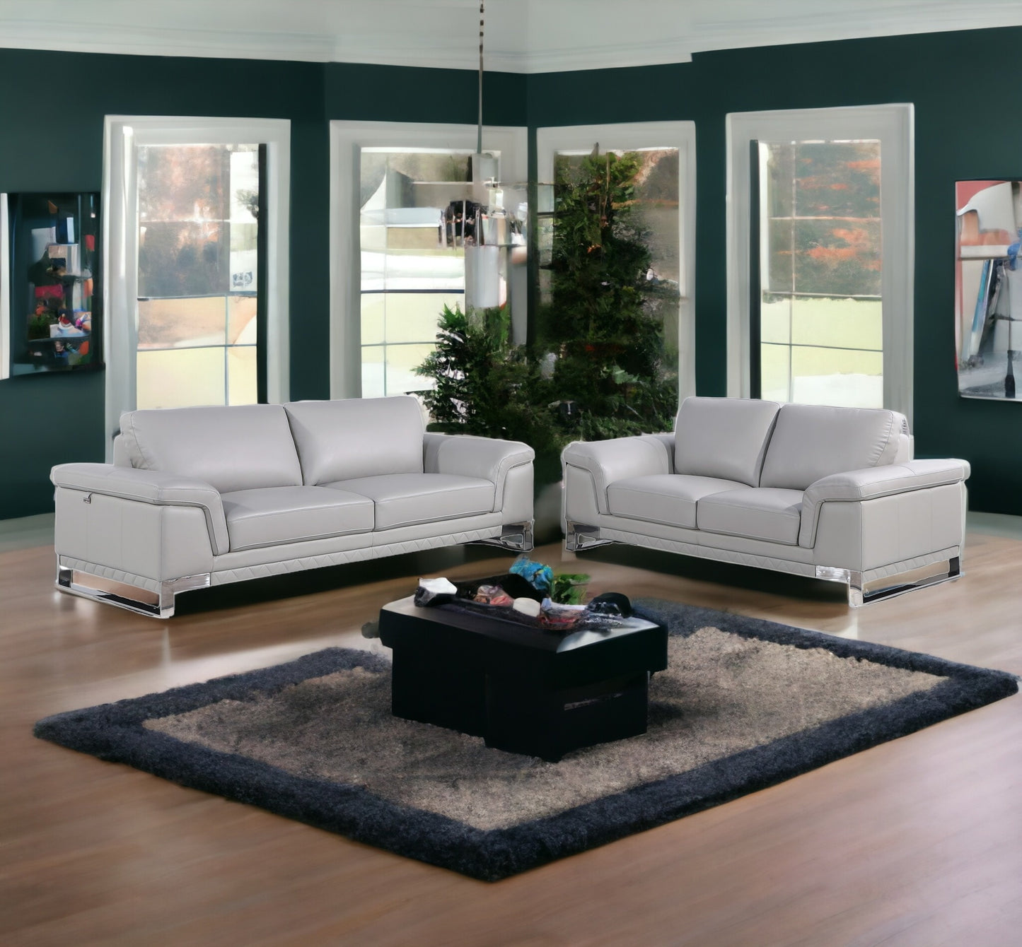 Two Piece Indoor Light Gray Italian Leather Five Person Seating Set-0