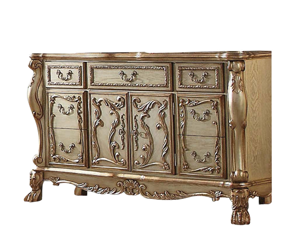 66" Gold Solid Wood Carved Scrollwork Seven Drawer Sideboard with Two Doors-1