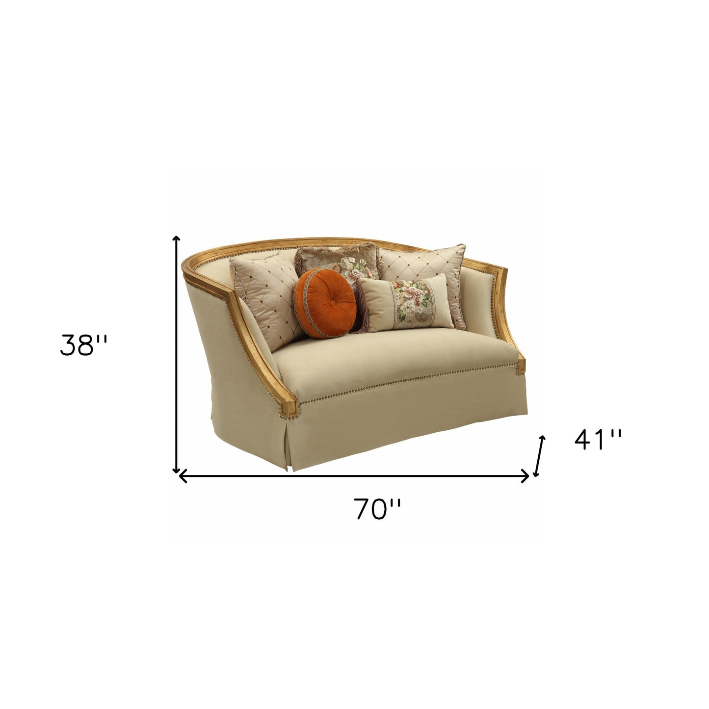 70" Tan And Gold Curved Loveseat and Toss Pillows-4