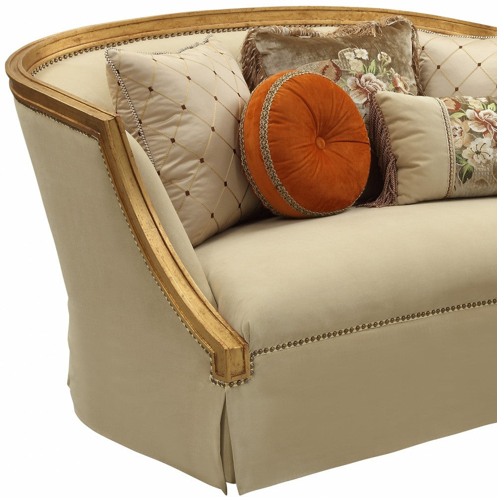 70" Tan And Gold Curved Loveseat and Toss Pillows-3