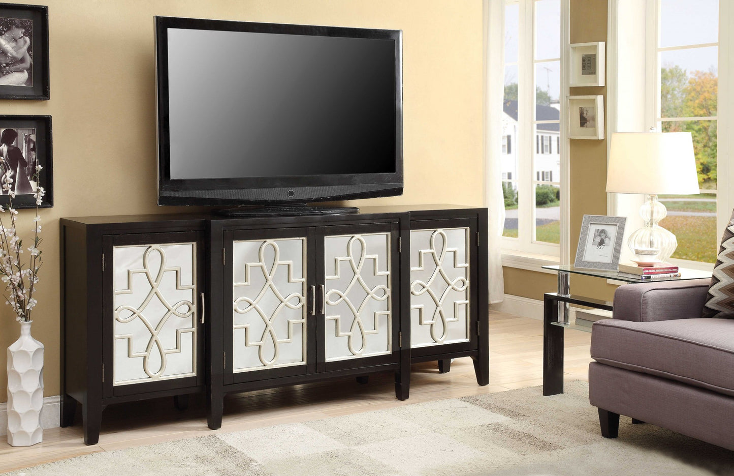 72" Black And Silver Mirrored Solid Wood Distressed Solid Console Table-3