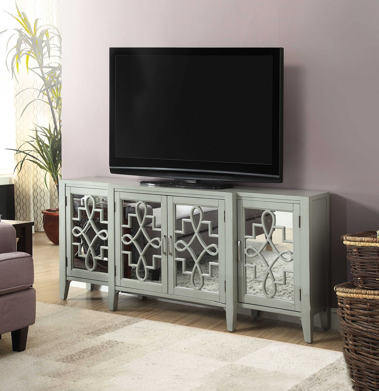 72" Gray And Silver Mirrored Wood Distressed Solid Console Table-3