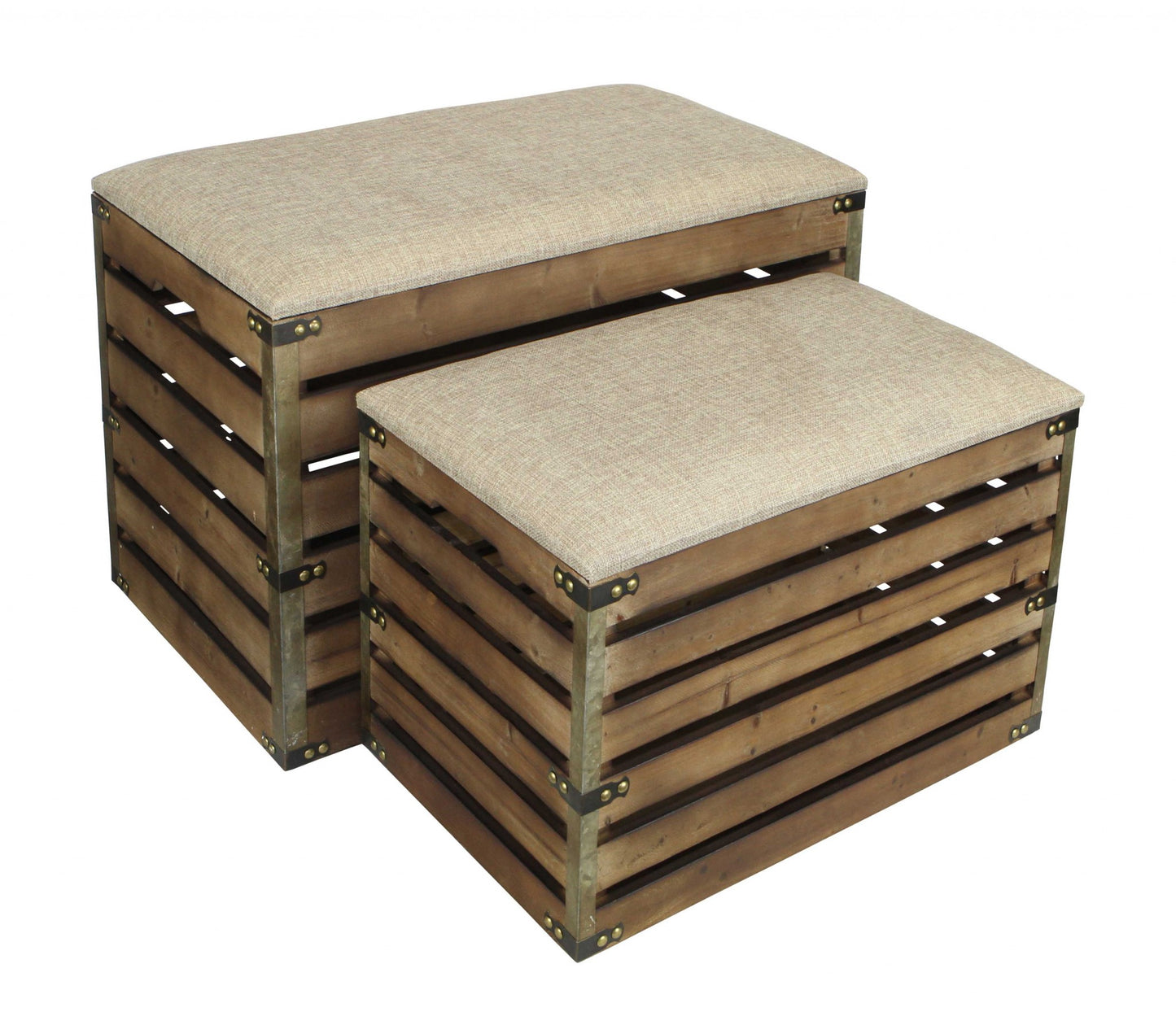 Set of Two Brown Wood Slat and Upholstery Storage Benches With Flip Top-3
