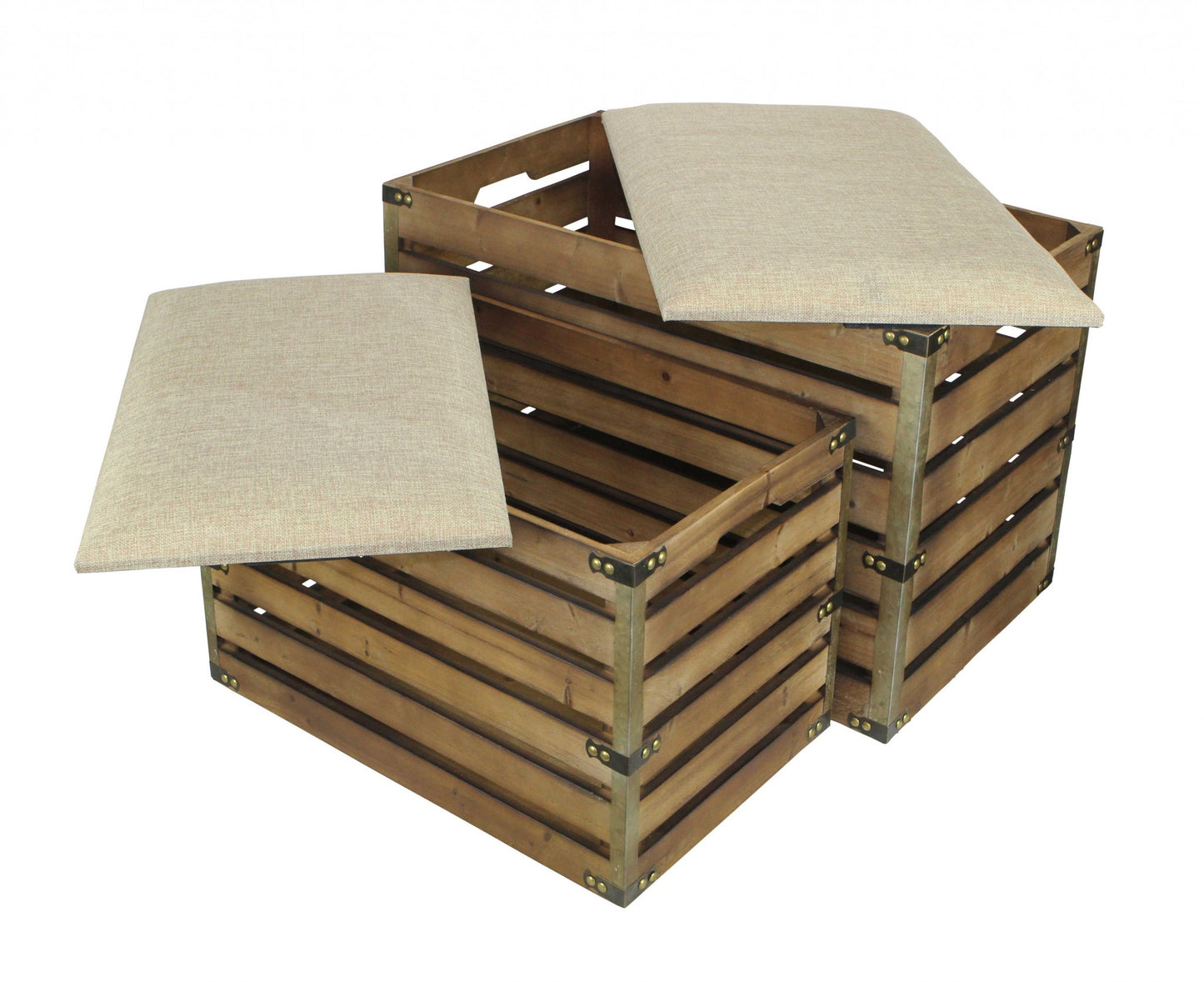Set of Two Brown Wood Slat and Upholstery Storage Benches With Flip Top-5