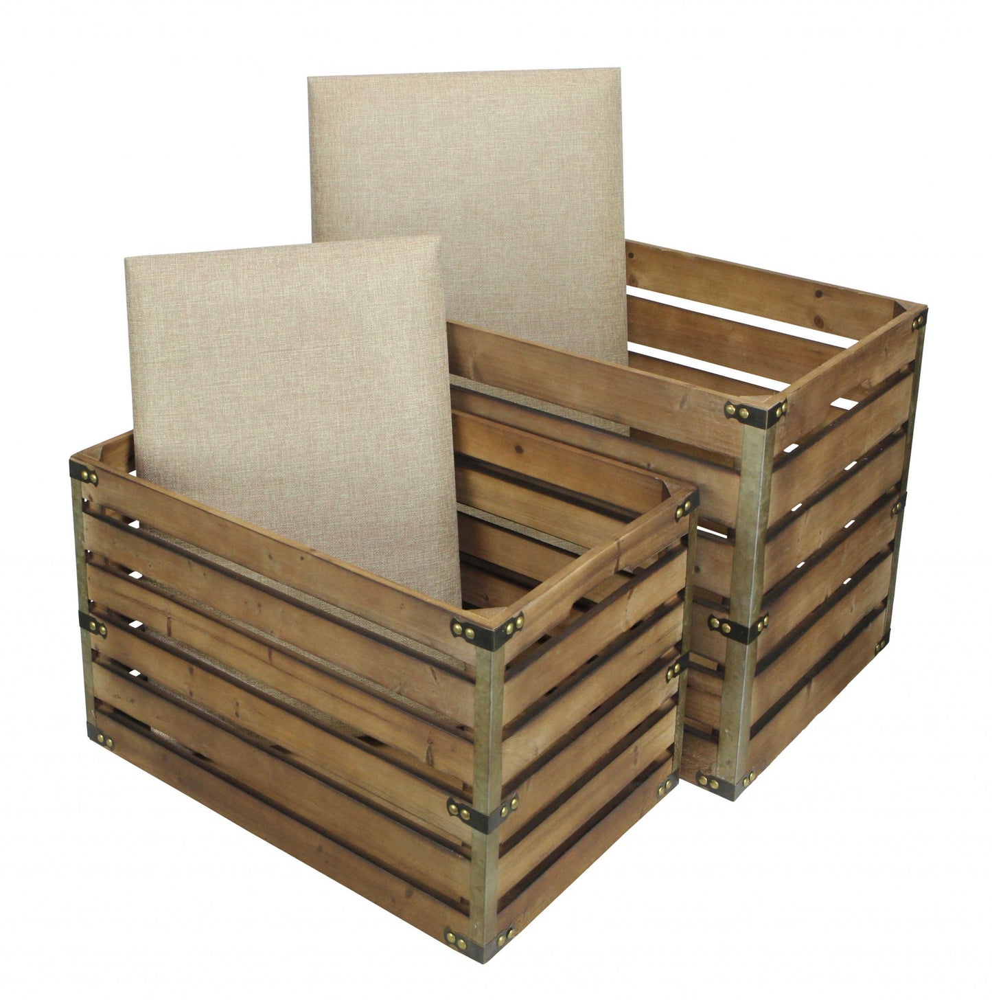 Set of Two Brown Wood Slat and Upholstery Storage Benches With Flip Top-6