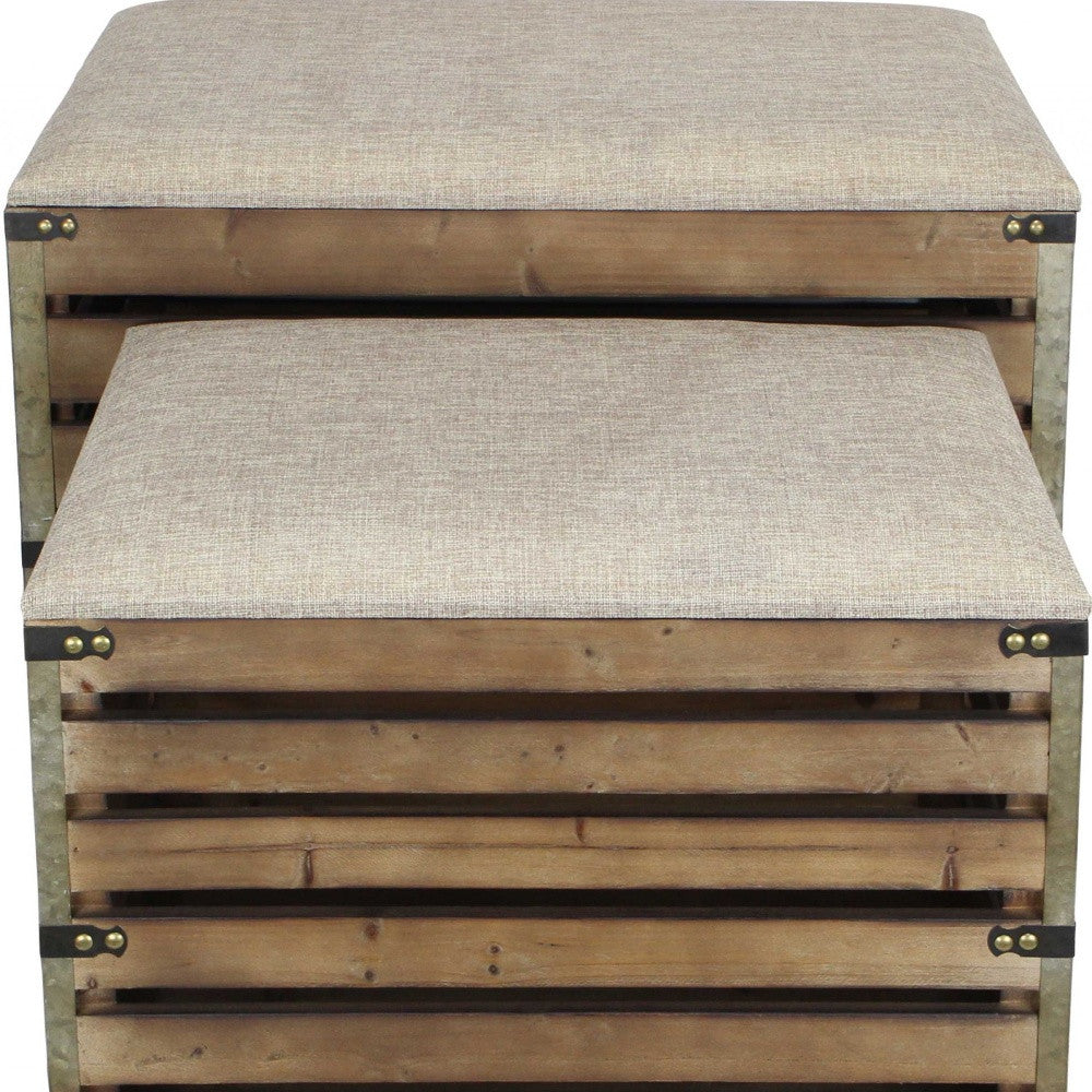 Set of Two Brown Wood Slat and Upholstery Storage Benches With Flip Top-7