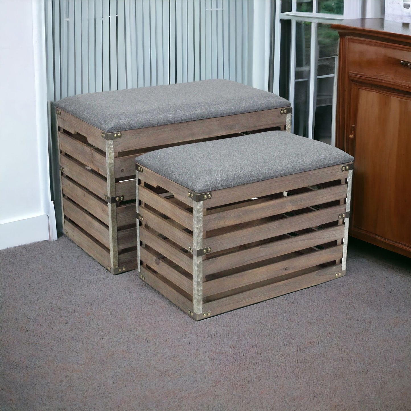 24" Gray and Brown Linen Upholstered Storage Bench with Flip Top-1