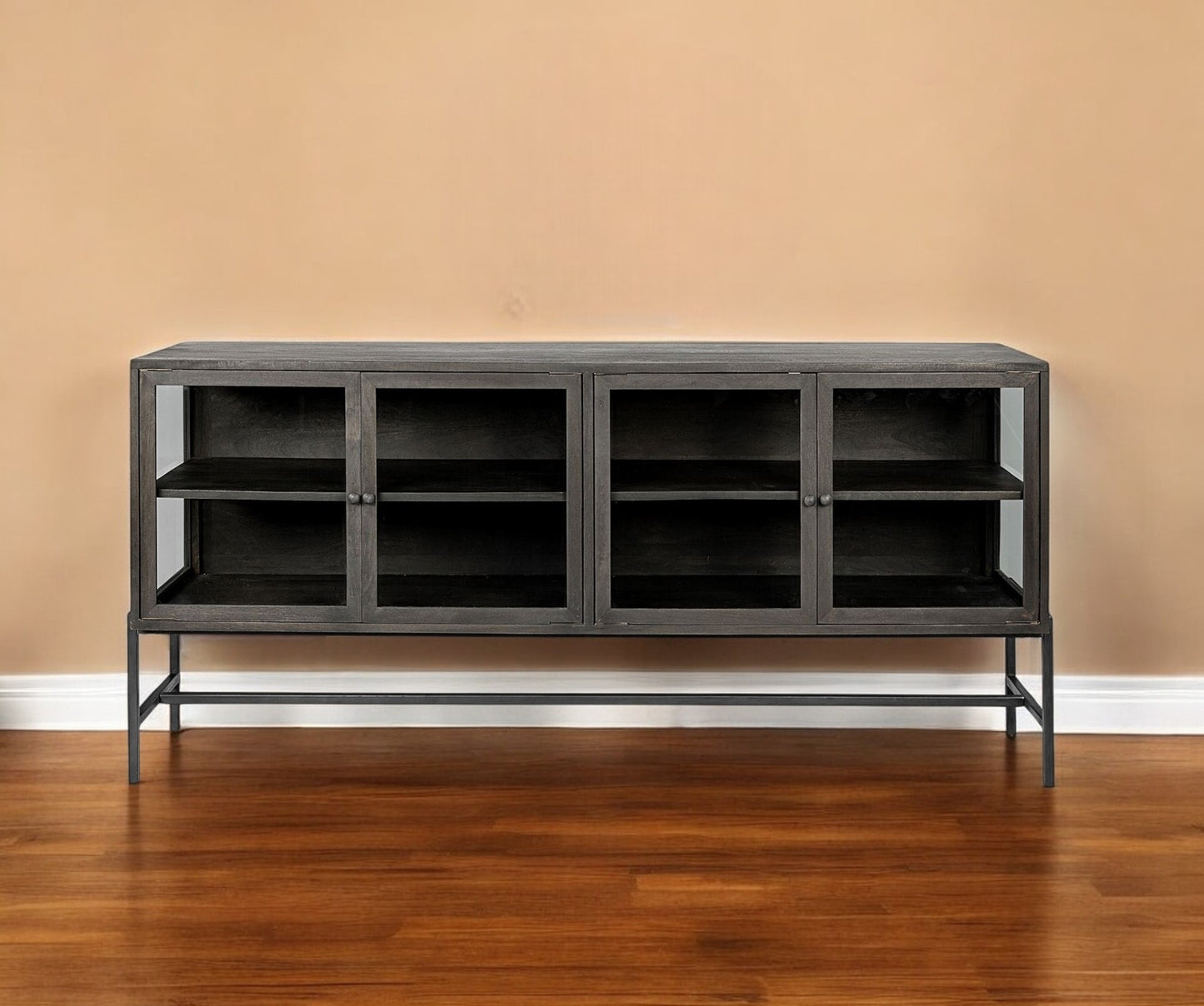 70" Black Solid Wood Sideboard with Four Glass Doors-0