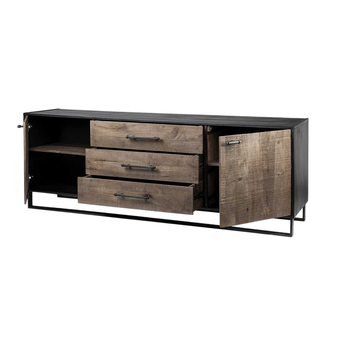 82" Brown and Black Solid Wood Three Drawer Sideboard with Two Doors-5