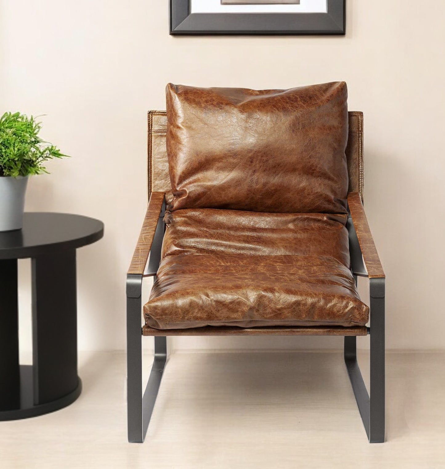 35" Brown and Black Leather Distressed Lounge Chair-0