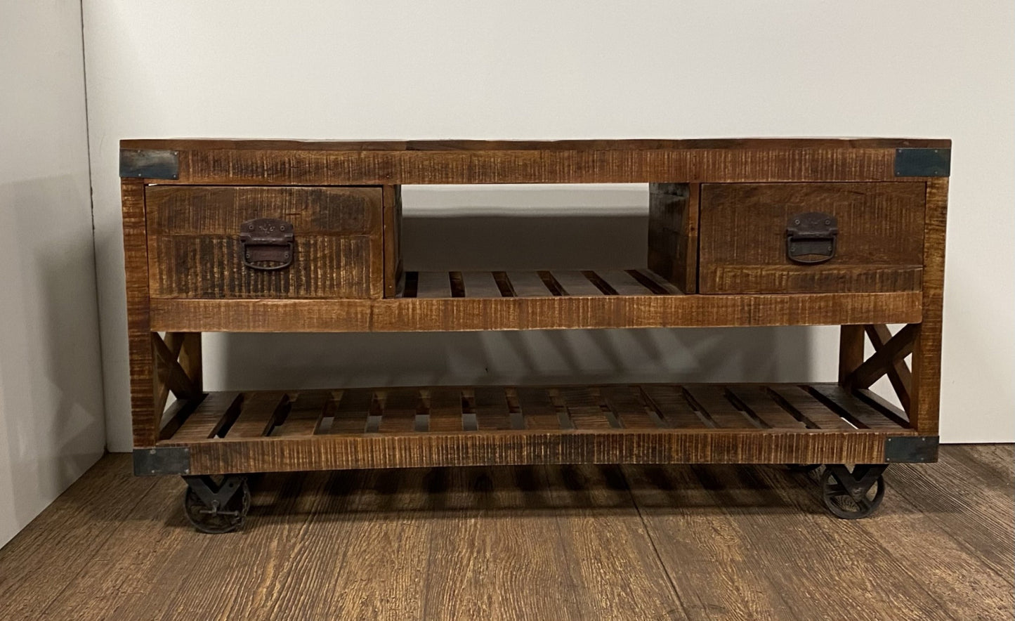 18" Brown and Black Solid Wood Distressed Wheel Console Table With Shelves And Drawers-7