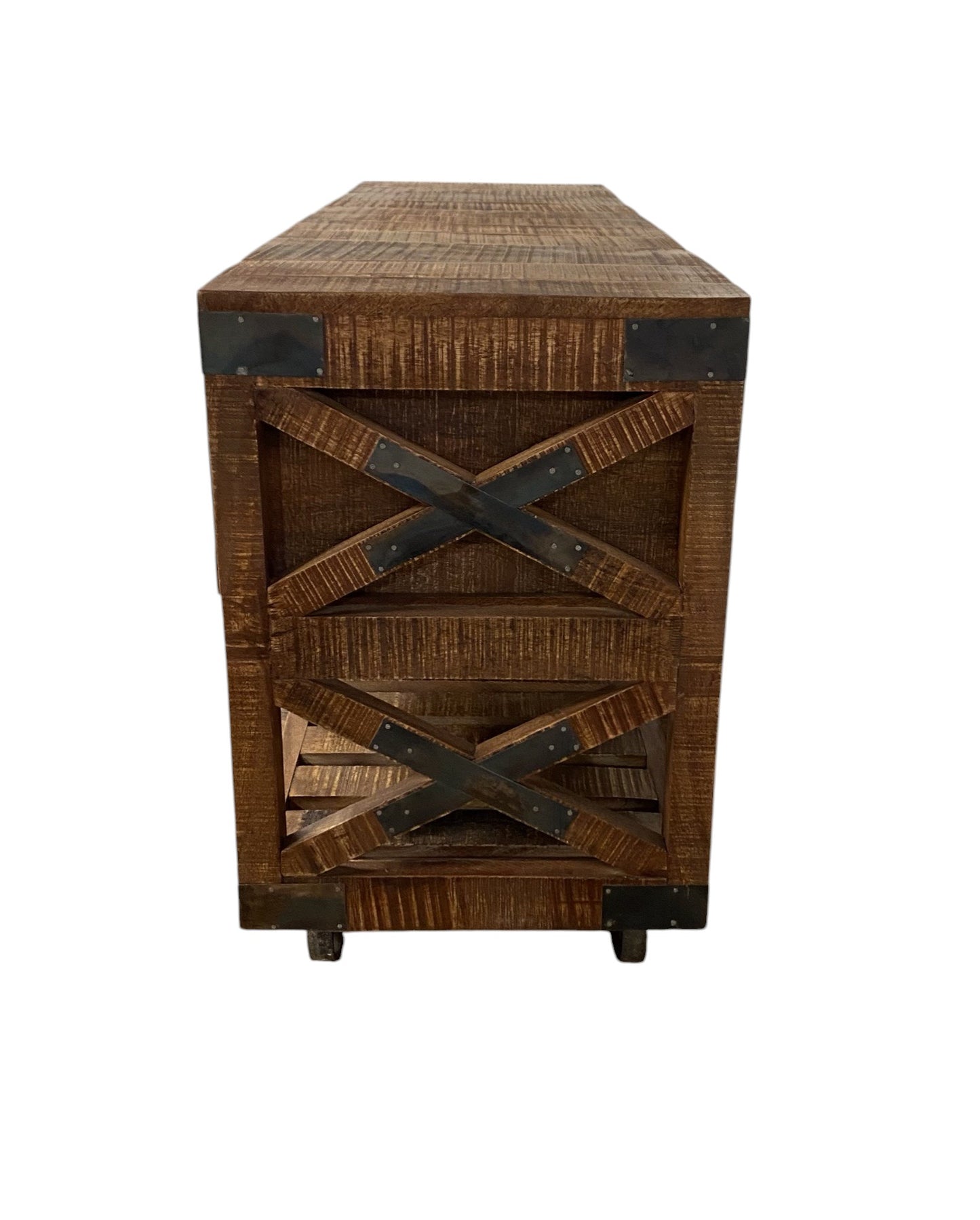 18" Brown and Black Solid Wood Distressed Wheel Console Table With Shelves And Drawers-2