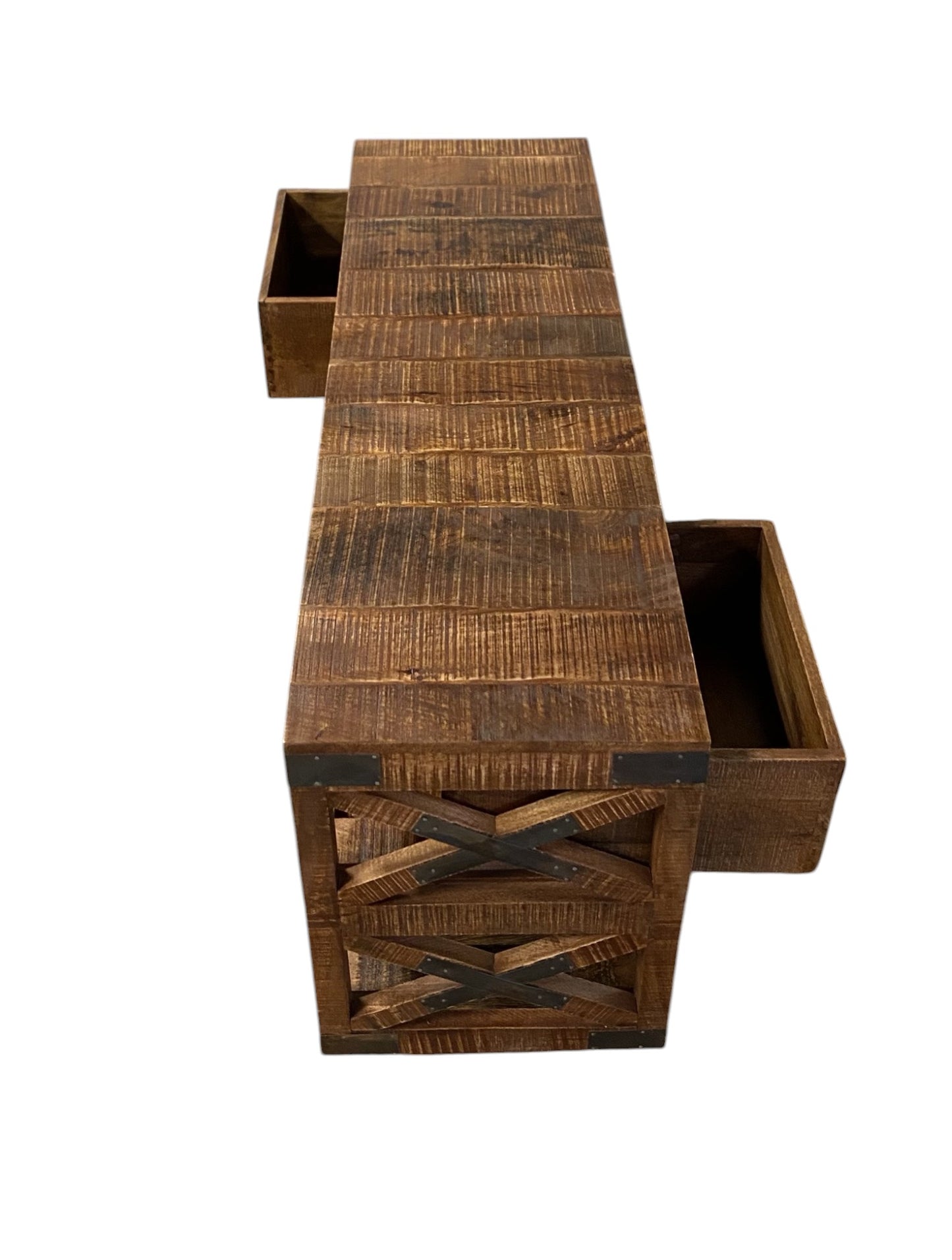 18" Brown and Black Solid Wood Distressed Wheel Console Table With Shelves And Drawers-3