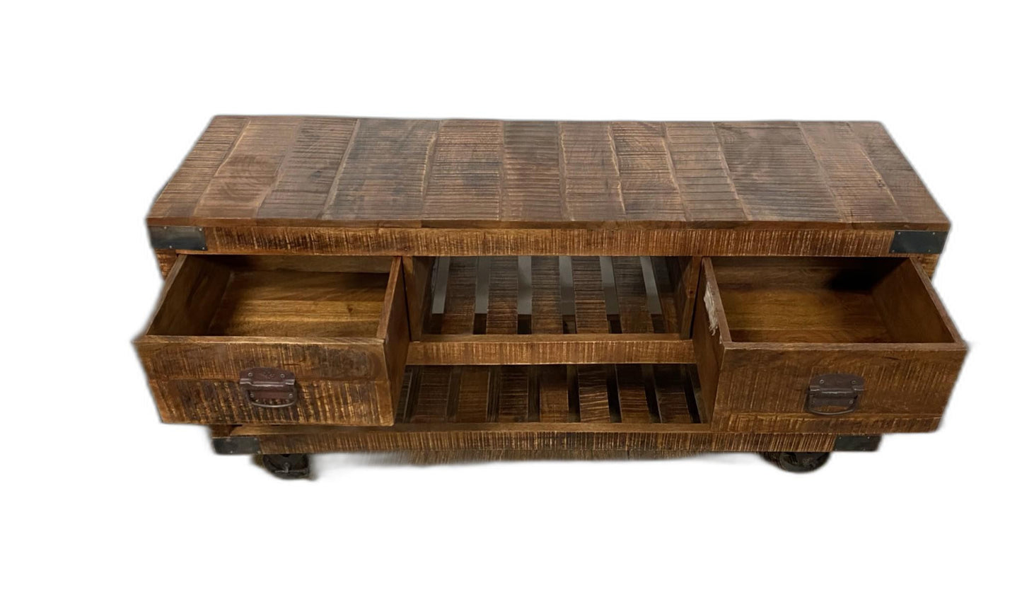 18" Brown and Black Solid Wood Distressed Wheel Console Table With Shelves And Drawers-4