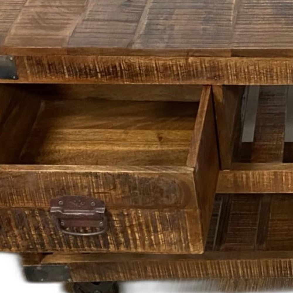 18" Brown and Black Solid Wood Distressed Wheel Console Table With Shelves And Drawers-5