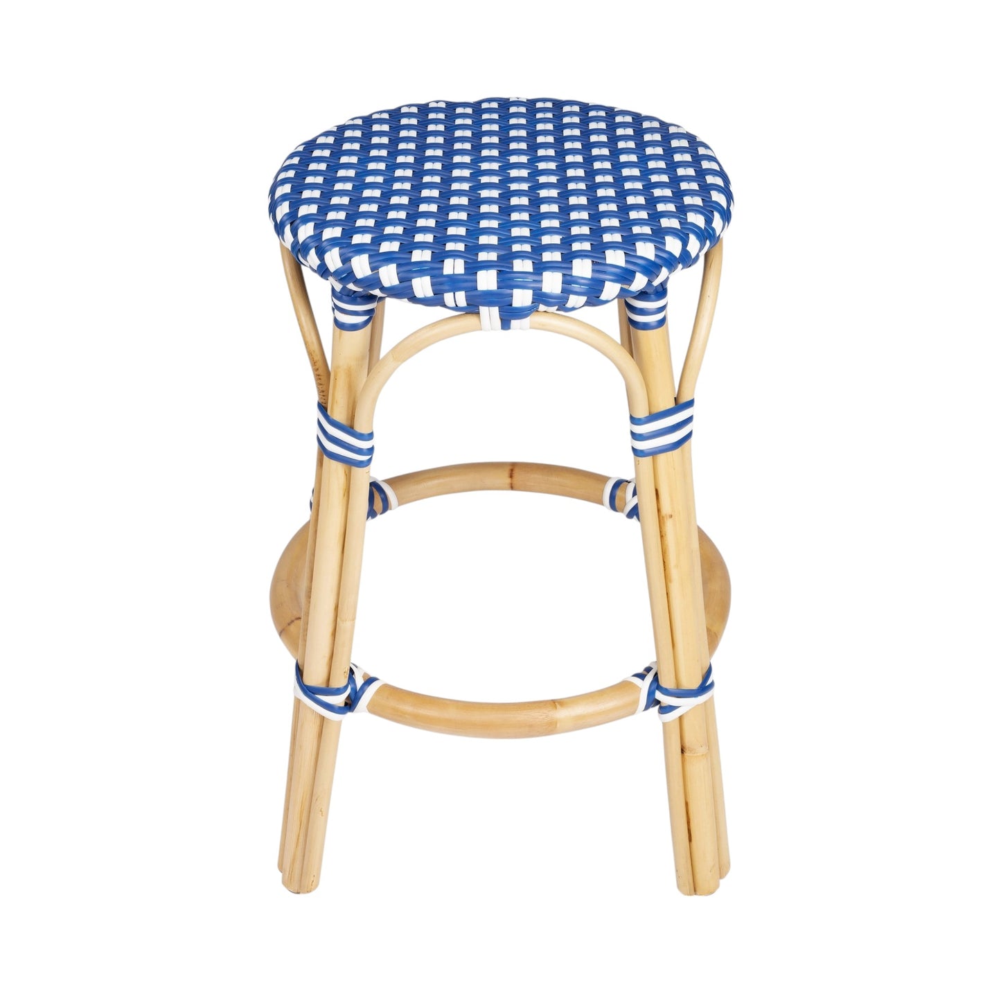 24" Blue and White and Wood Brown Heavy Duty Rattan Backless Counter Height Bar Chair-3