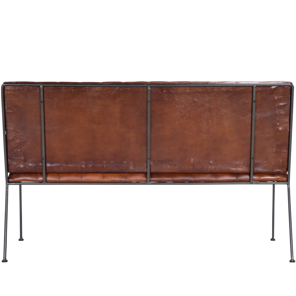 53" Brown and Black Upholstered Faux Leather Distressed Bench-4