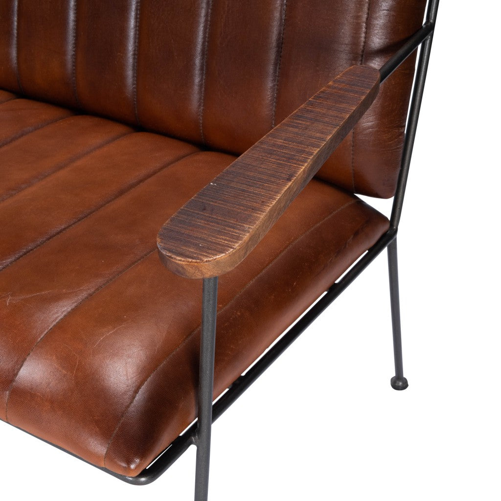 53" Brown and Black Upholstered Faux Leather Distressed Bench-6
