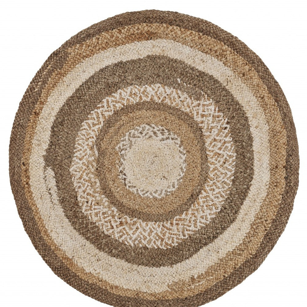 6' Beige Jute Abstract Geometric Hand Braided Round Rug-2