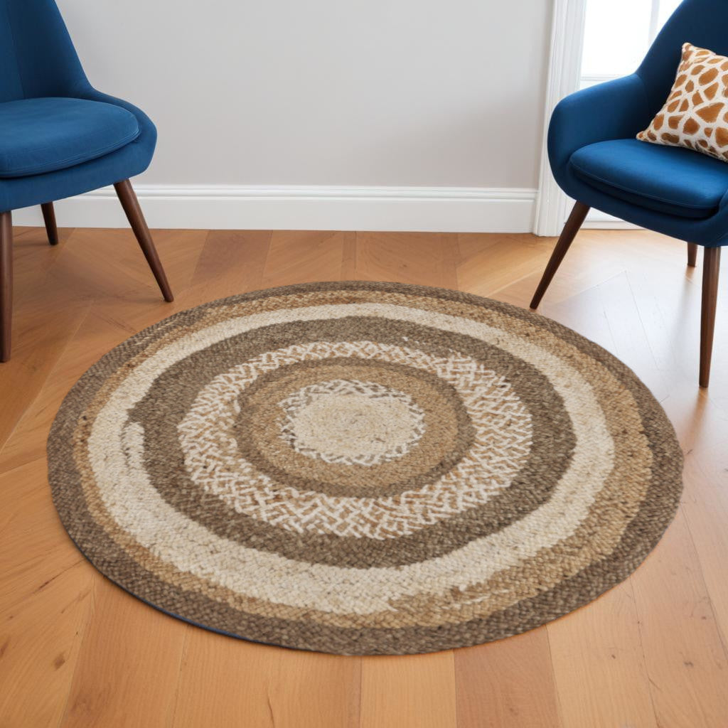 6' Beige Jute Abstract Geometric Hand Braided Round Rug-1