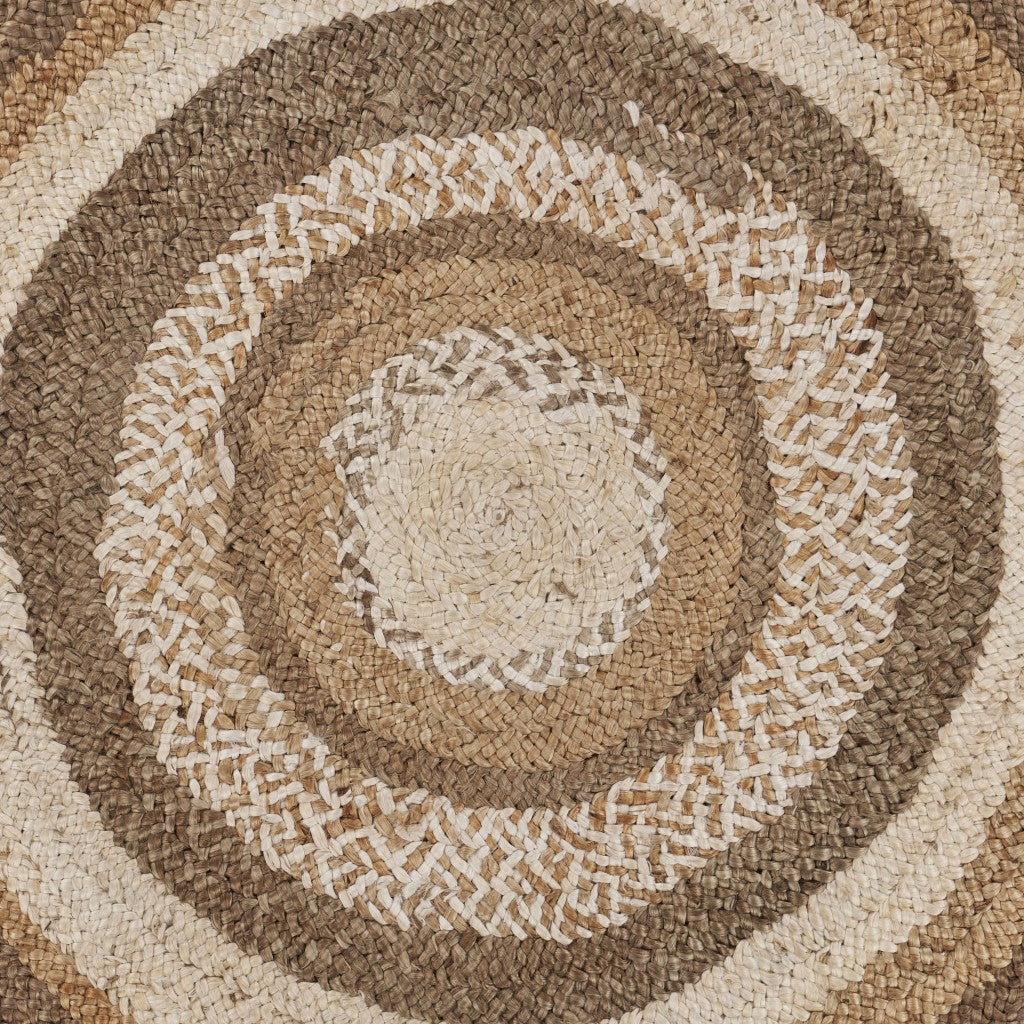 6' Beige Jute Abstract Geometric Hand Braided Round Rug-4