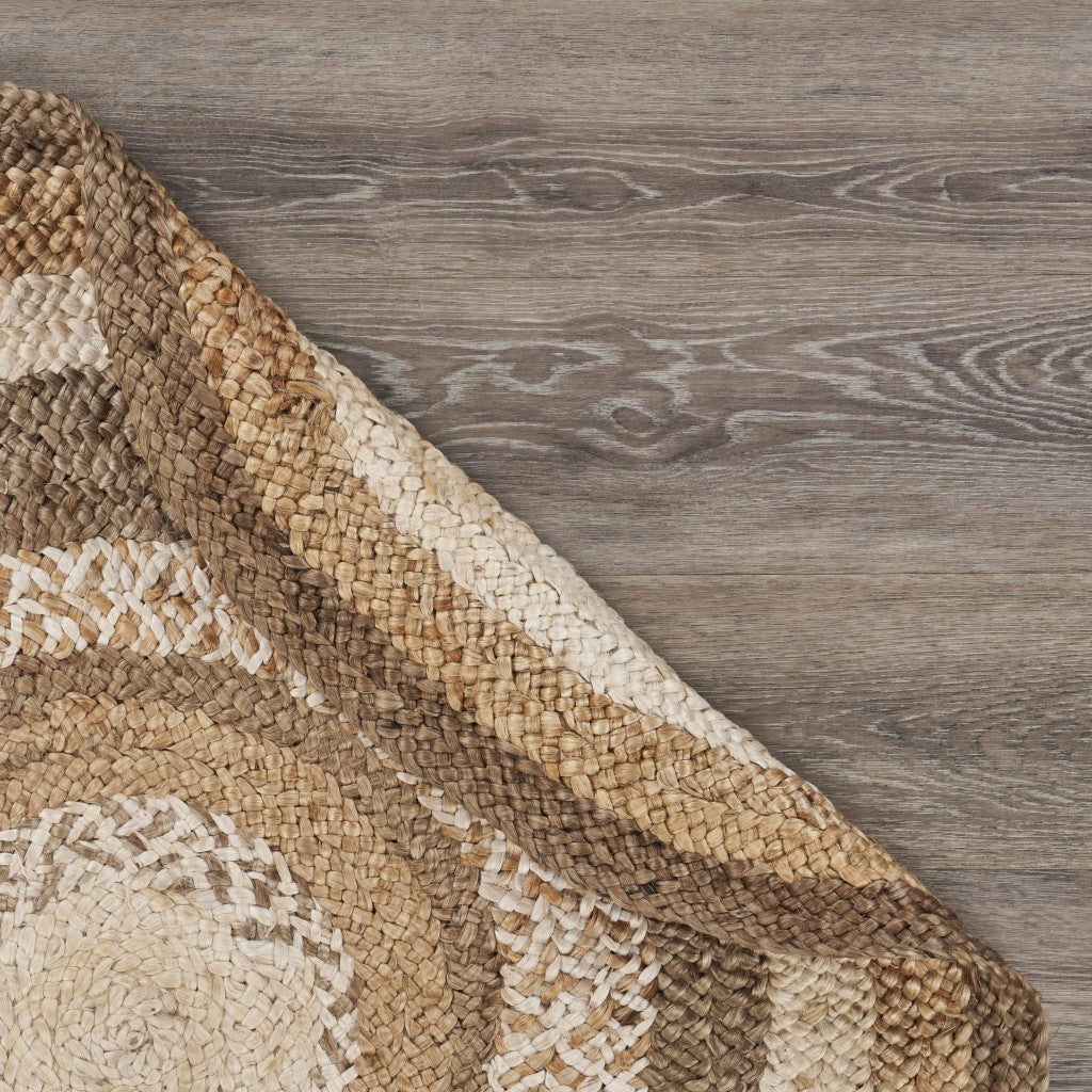 6' Beige Jute Abstract Geometric Hand Braided Round Rug-5