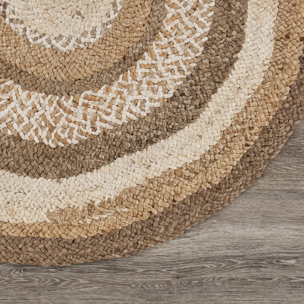 6' Beige Jute Abstract Geometric Hand Braided Round Rug-7