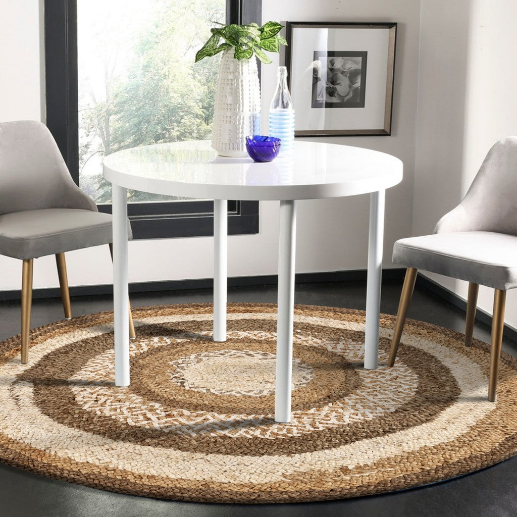 6' Beige Jute Abstract Geometric Hand Braided Round Rug-8