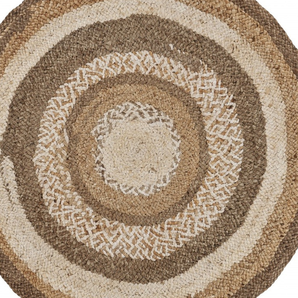 6' Beige Jute Abstract Geometric Hand Braided Round Rug-3