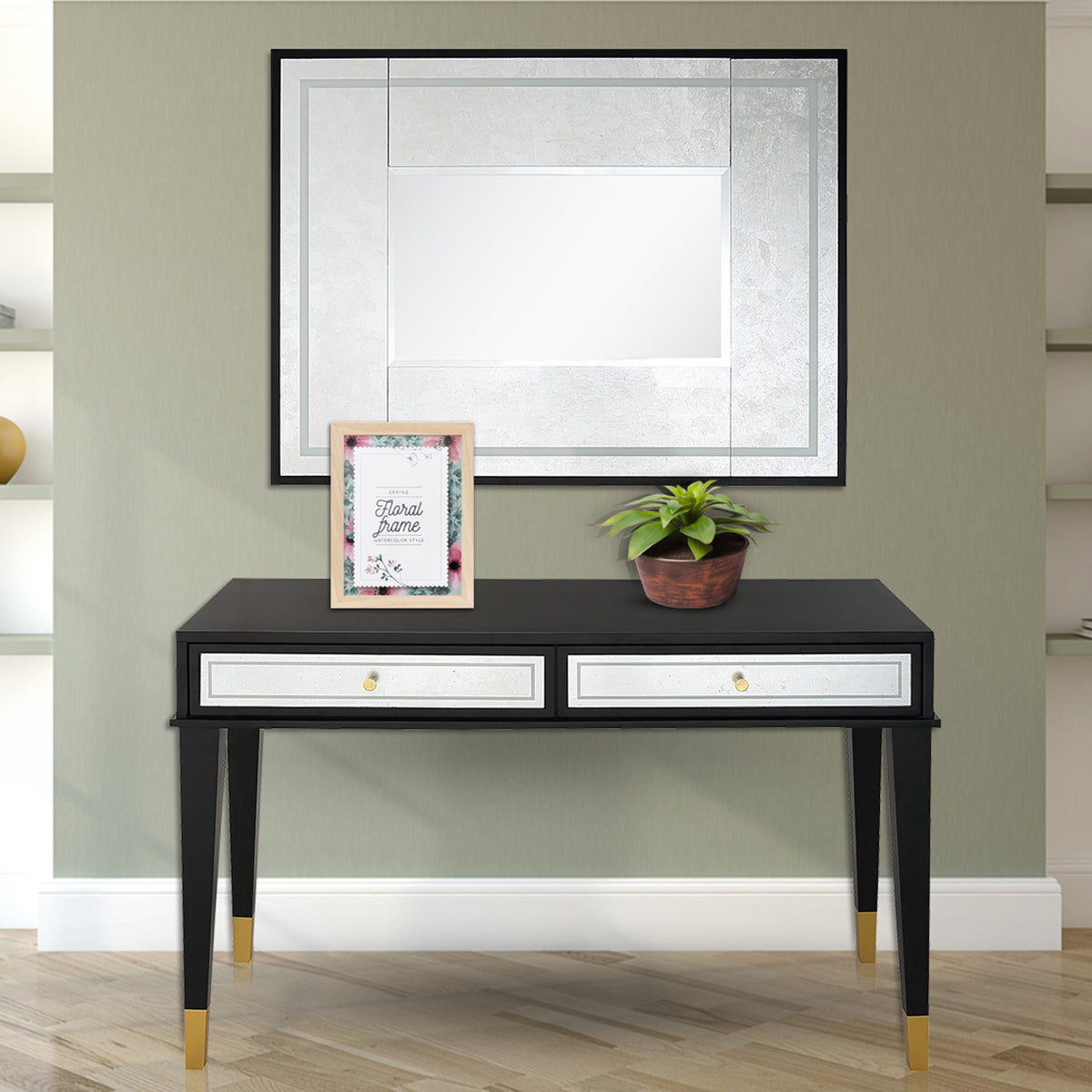 47" Black Silver and Gold Wood Console Table And Drawers-7