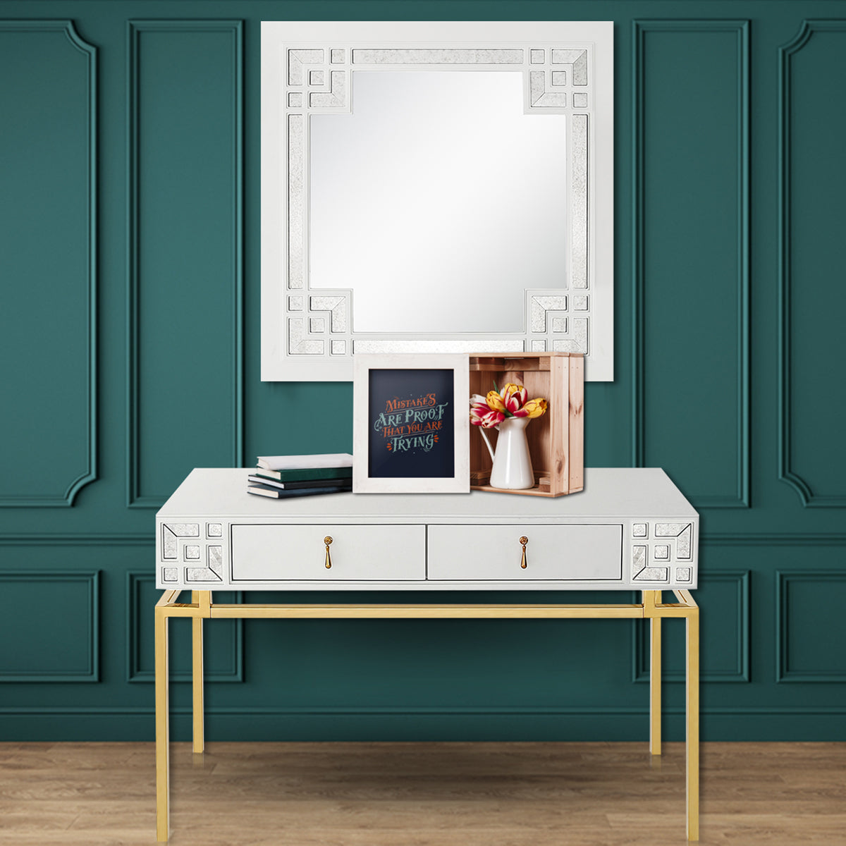 47" White and Gold Mirrored Wood Console Table With Two Drawers-8