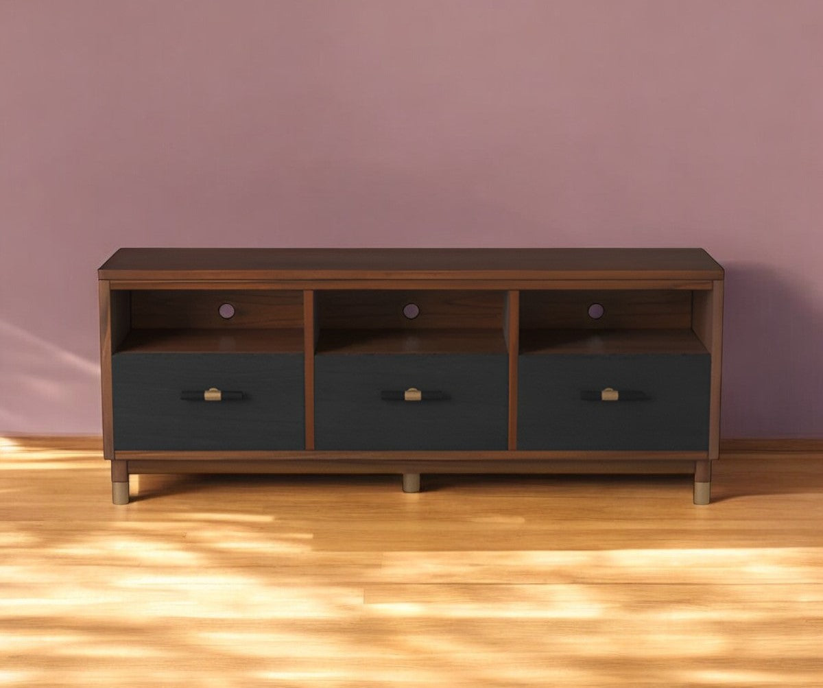 61" Brown and Black Solid Wood Open Shelving TV Stand-1