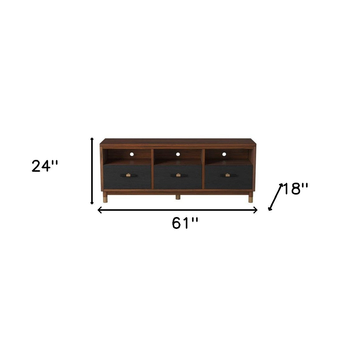 61" Brown and Black Solid Wood Open Shelving TV Stand-2