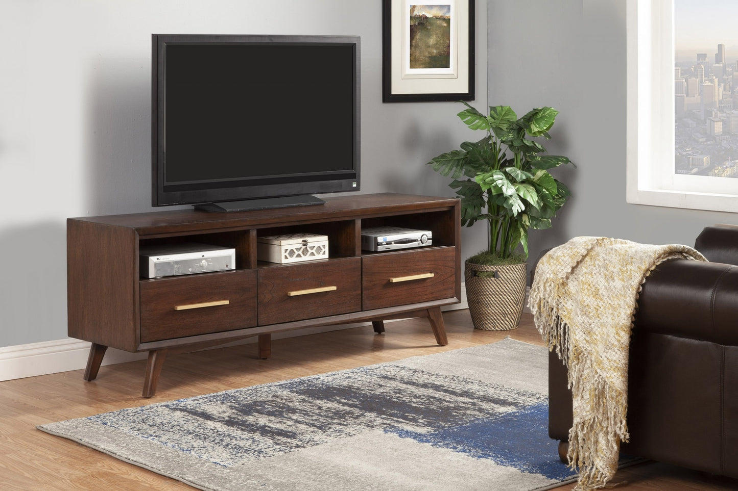 64" Brown Mahogany Solid Wood Open Shelving TV Stand-5