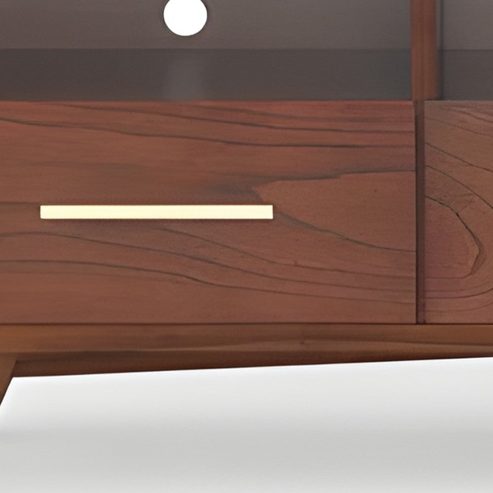 64" Brown Mahogany Solid Wood Open Shelving TV Stand-2