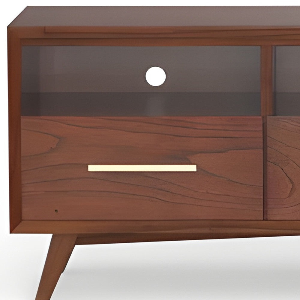 64" Brown Mahogany Solid Wood Open Shelving TV Stand-3