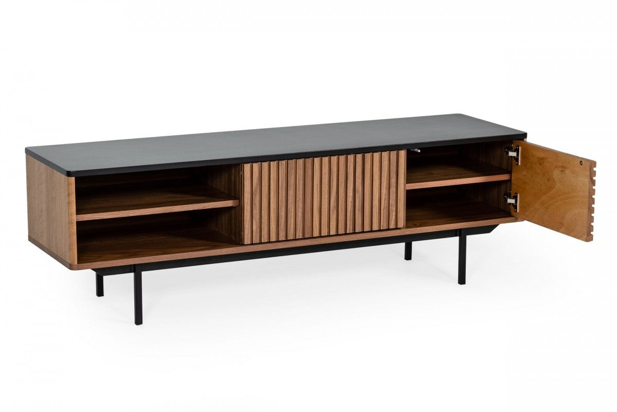 63" Walnut And Gray Wood Open And Enclosed Storage TV Stand-2