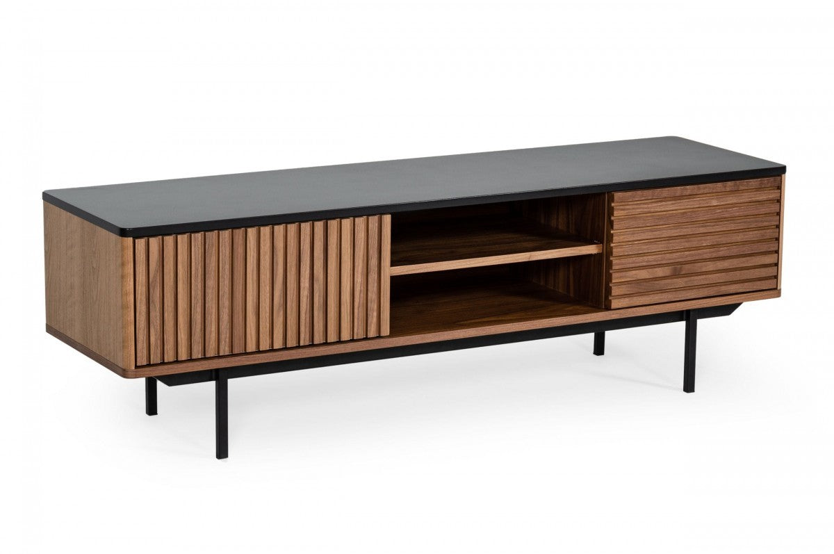 63" Walnut And Gray Wood Open And Enclosed Storage TV Stand-3