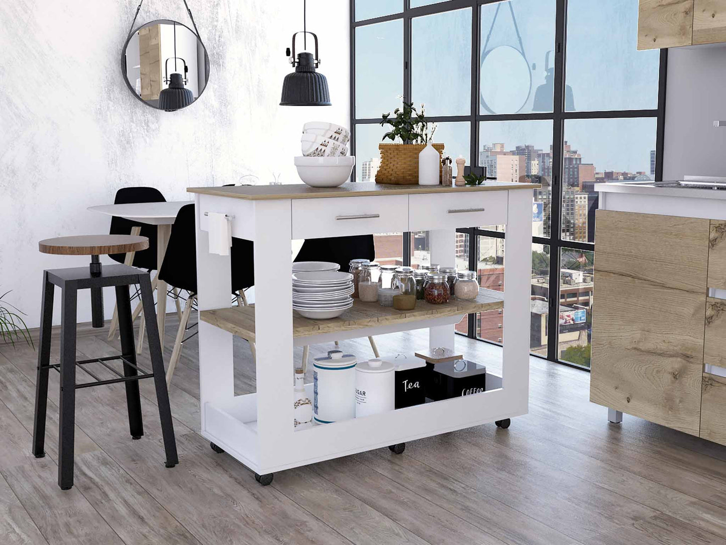 White and Brown 40" Rolling Kitchen Cart With Storage-5