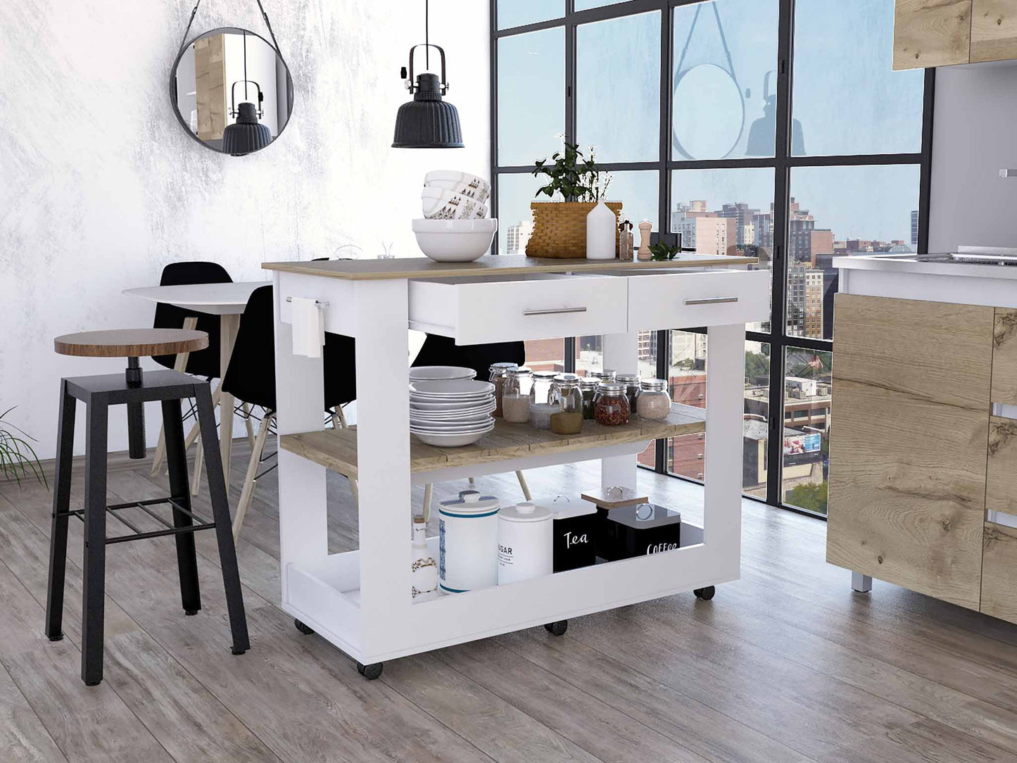 White and Brown 40" Rolling Kitchen Cart With Storage-6
