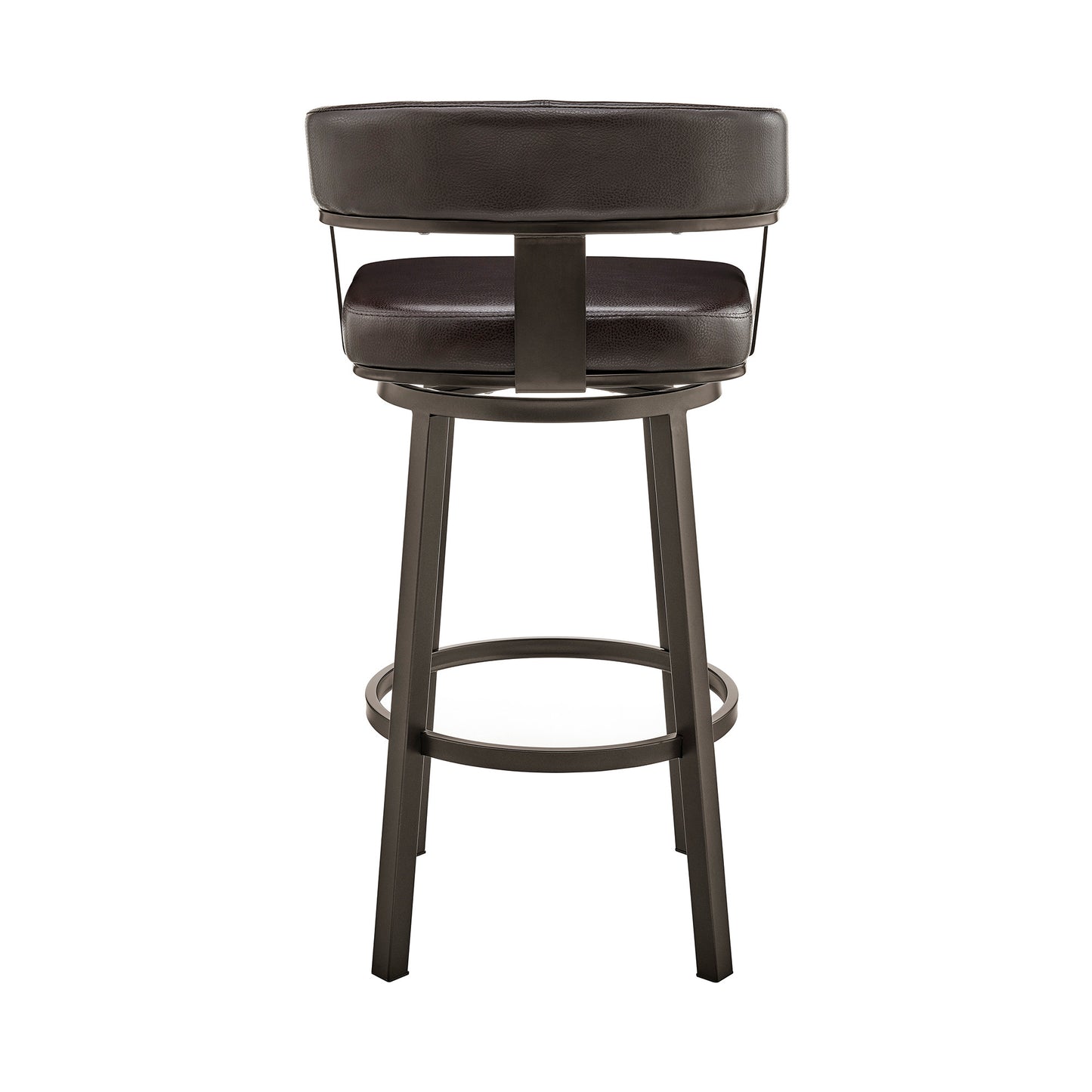 30" Chocolate And Gray Faux Leather And Iron Swivel Low Back Bar Height Bar Chair-5