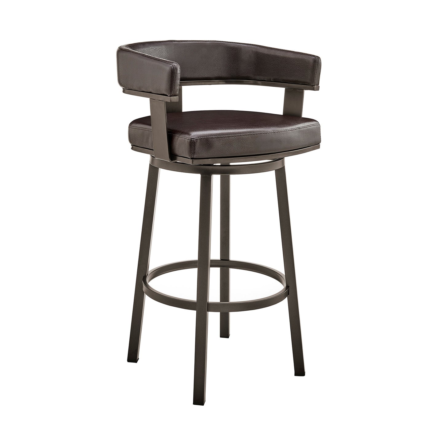 30" Chocolate And Gray Faux Leather And Iron Swivel Low Back Bar Height Bar Chair-0