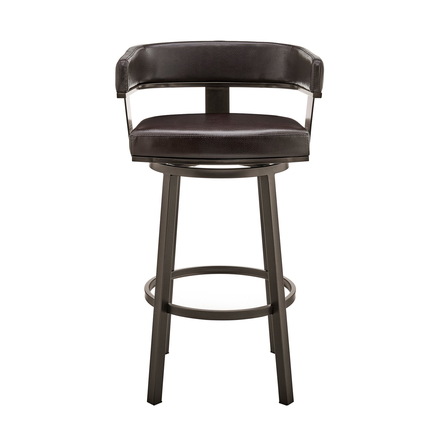 30" Chocolate And Gray Faux Leather And Iron Swivel Low Back Bar Height Bar Chair-2